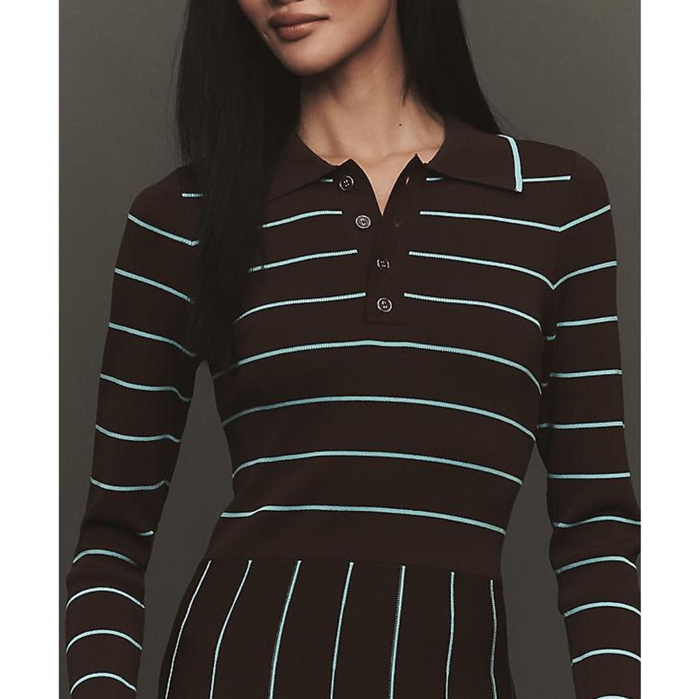 Siempre x Anthropologie Brown Striped Knit Polo Midi Dress Pleated Skirt NWT M - Picture 3 of 7